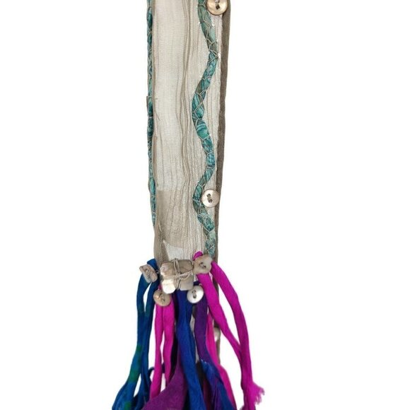 New Chan Luu Patchwork Fringe Chiffon Skinny Scarf Buttons 70" Gray Pink Blue - Picture 4 of 8